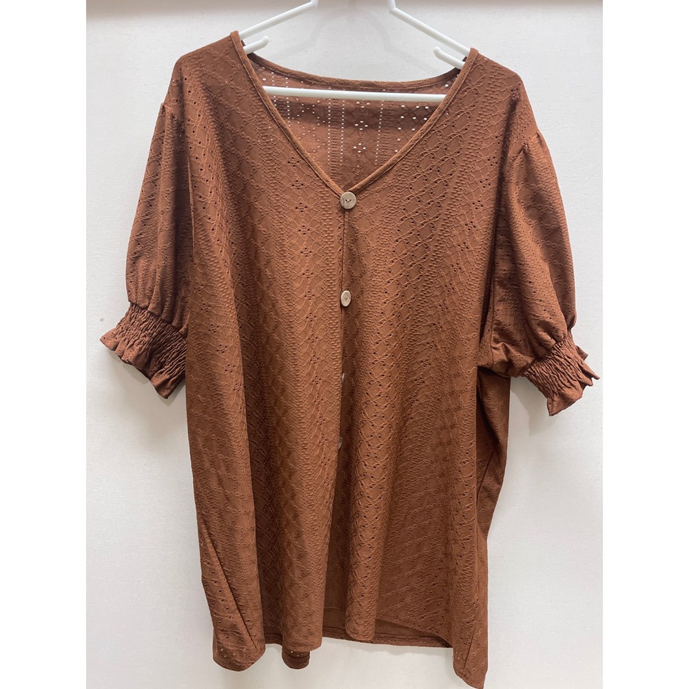 Brown Pointelle Eyelet Knit Button Front Puff Sleeve Cardigan Top 5XL